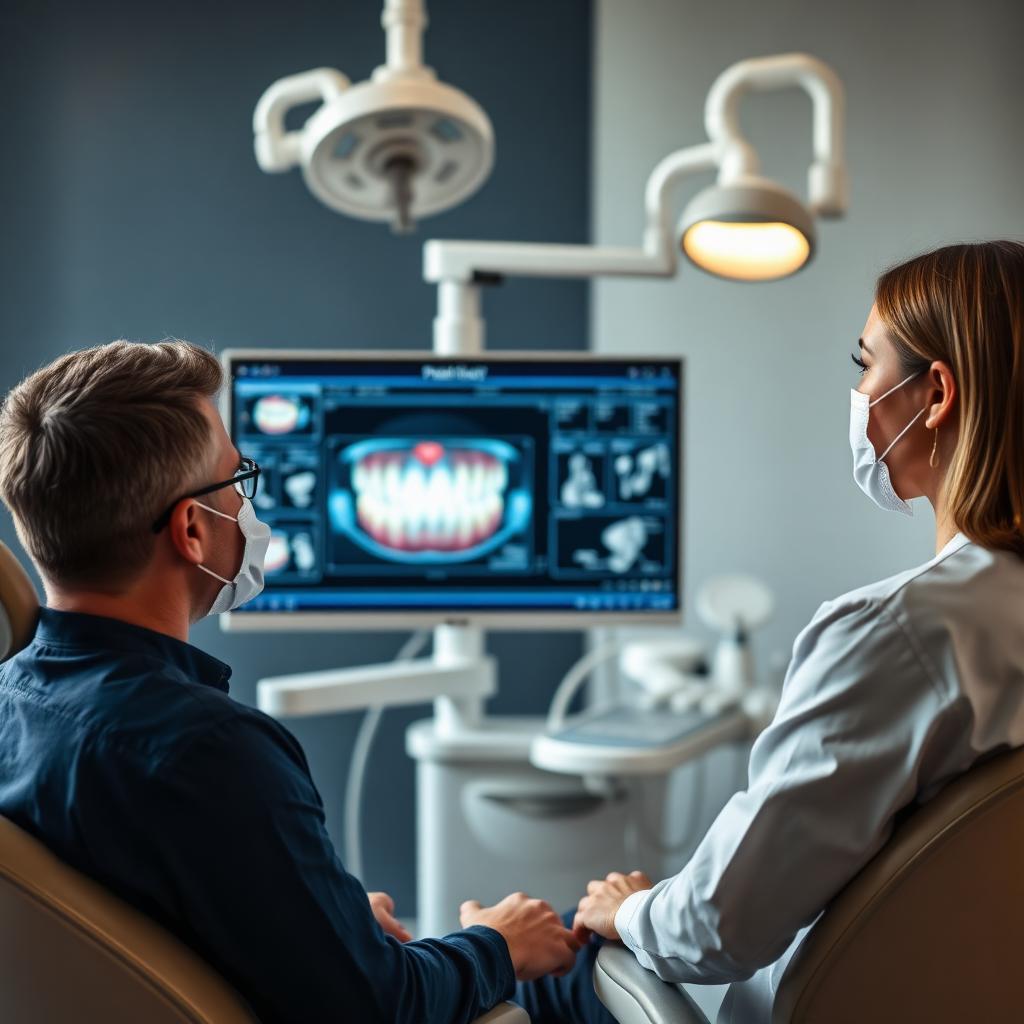 Dentist consulting with patient at a treatment planning monitor