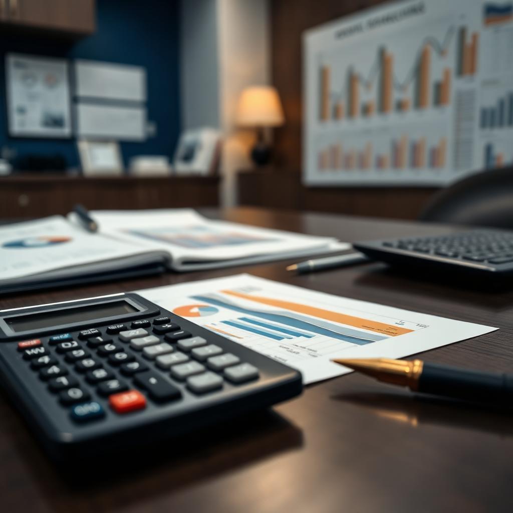 Financial charts, calculator and pen on a dental practice desk