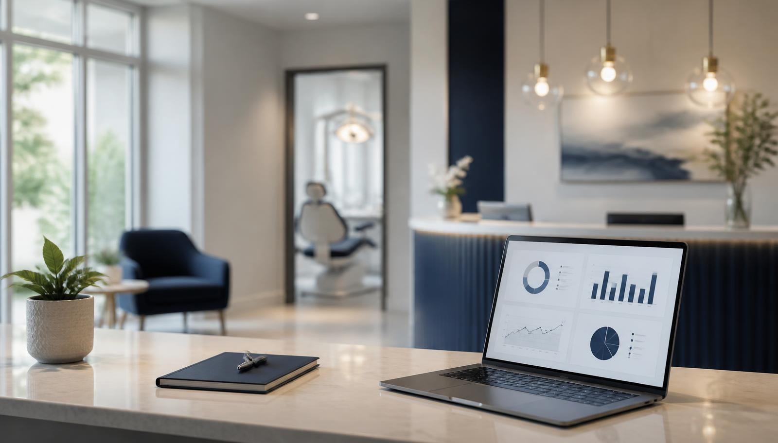 Dental practice financial dashboard on a laptop in a modern consultation area